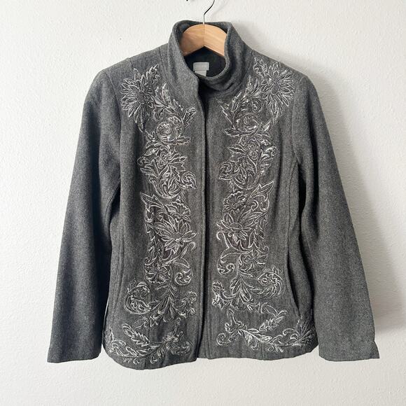 Chico's Size 1 Gray Wool Blend Beaded Embellished Jacket Women’s Size Medium - Picture 2 of 15